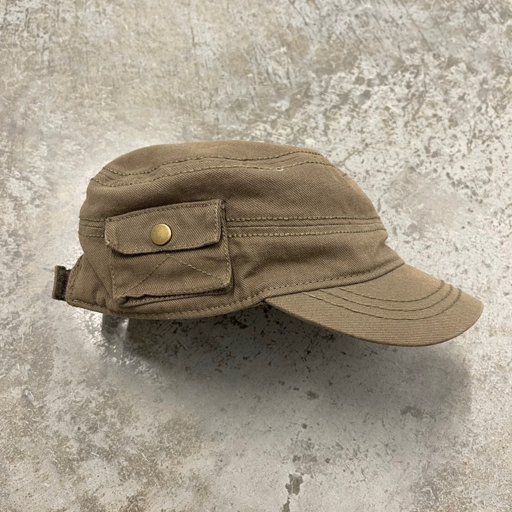 Military Style Cadet Hat Flat Top Cap with Side Pocket Olive Brown Adjustable